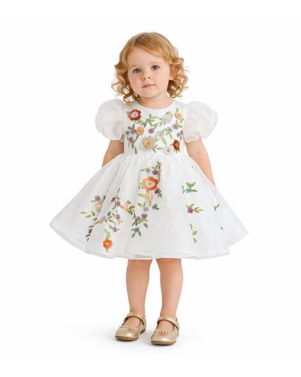 KA-tulleen BG White Embroidered Puff Sleeve Dress