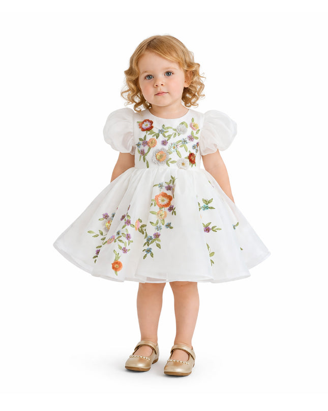 KA-tulleen BG White Embroidered Puff Sleeve Dress