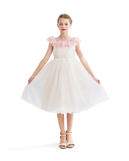 kids atelier tulleen White Silvera Dress with Pink Petal Trim