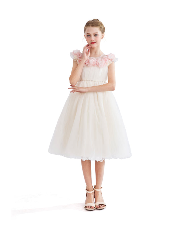 kids atelier tulleen White Silvera Dress with Pink Petal Trim