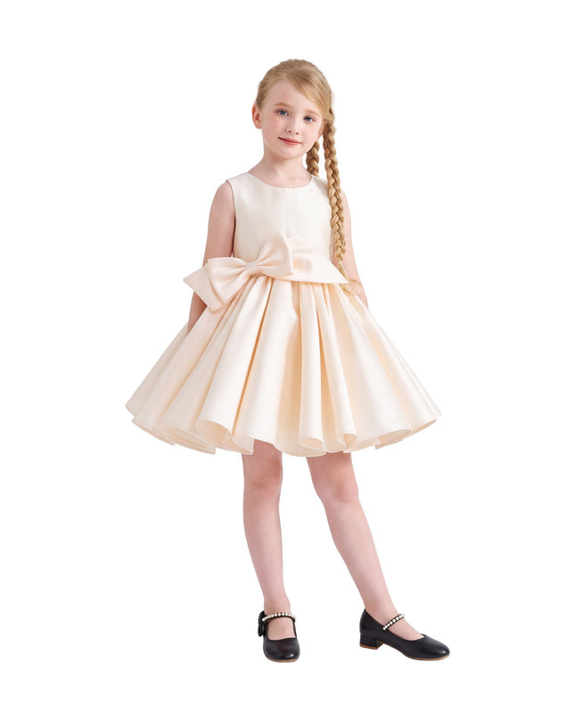 kids atelier tulleen Champagne Sabina Satin Flared Dress with Side Bow