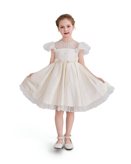 tulleen Ivory Riverelle Lace-Trim Puff Sleeve Dress