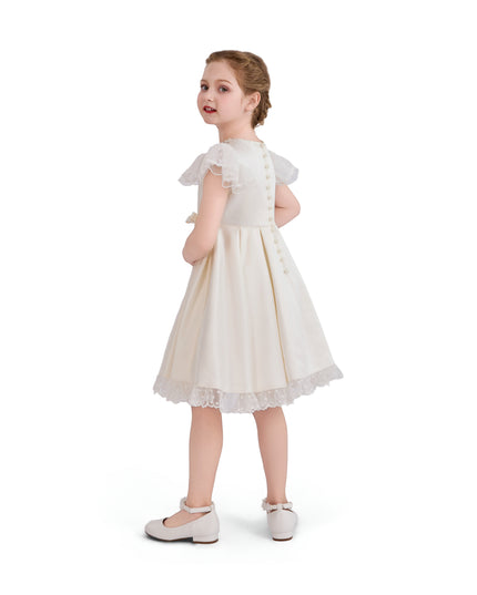 tulleen Ivory Riverelle Lace-Trim Puff Sleeve Dress