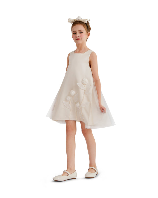 kids atelier tulleen White Valmonta Satin Dress with Floral Accents