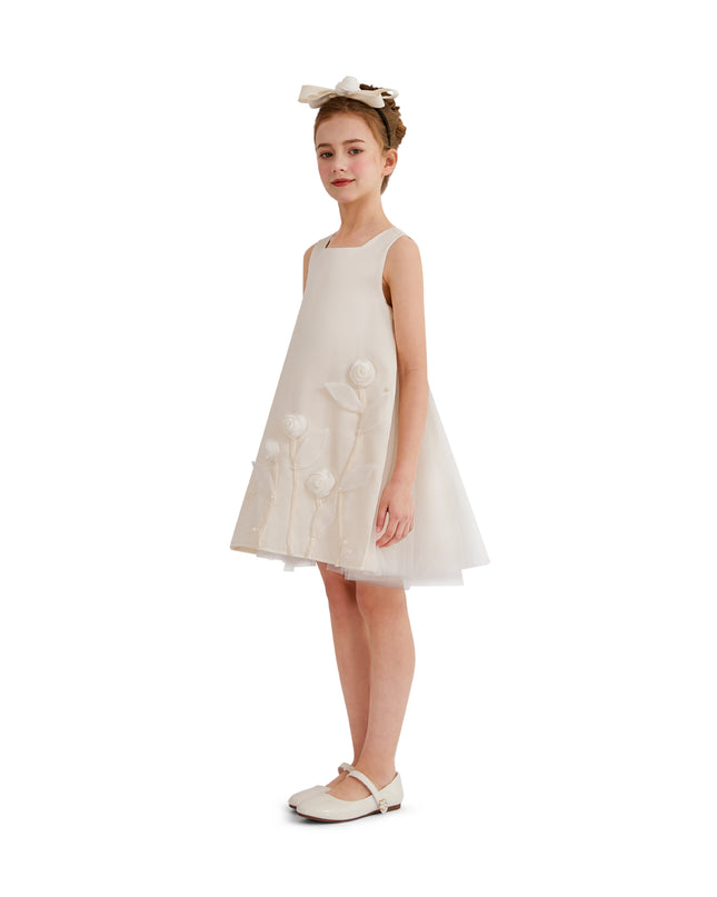 kids atelier tulleen White Valmonta Satin Dress with Floral Accents