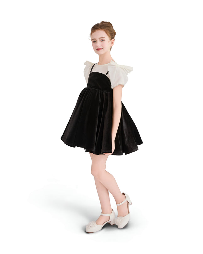 kids atelier tulleen Black & White Velvet Bow Dress