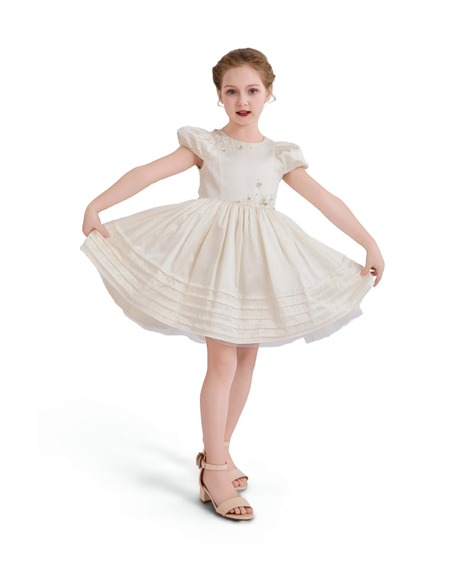 kids atelier tulleen Ivory Vistaine Floral-Embroidered Pleated Dress