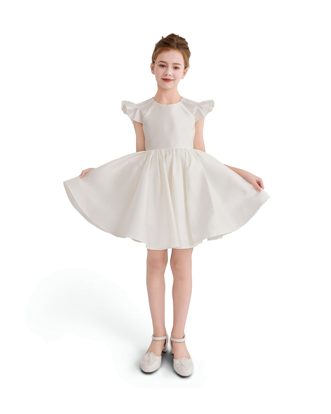 tulleen White Maravelle Satin Flutter-Sleeve Dress