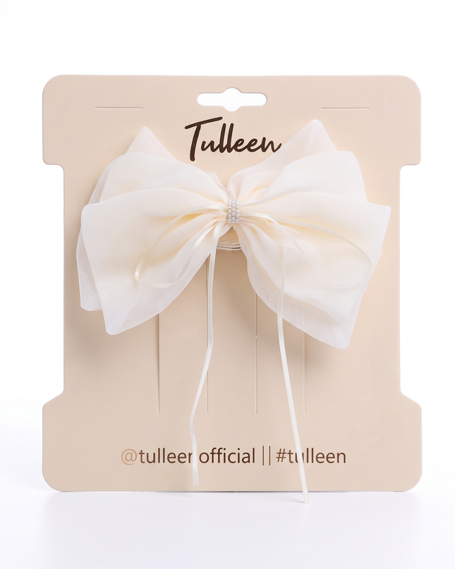 kids atelier tulleen Ivory Chiffon Bow Claw Clip with Rhinestone Center