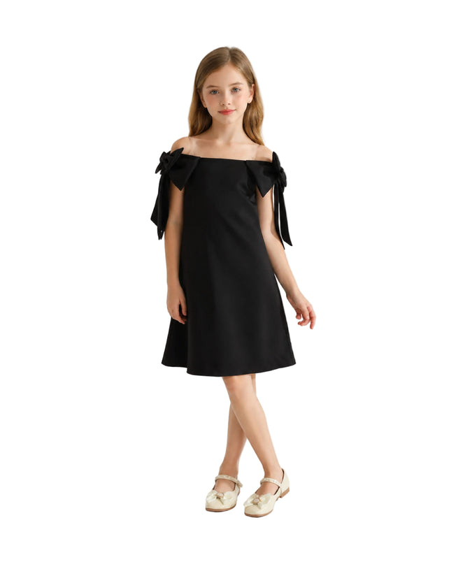 kids atelier tulleen Black Luneta Off-Shoulder Bow Dress