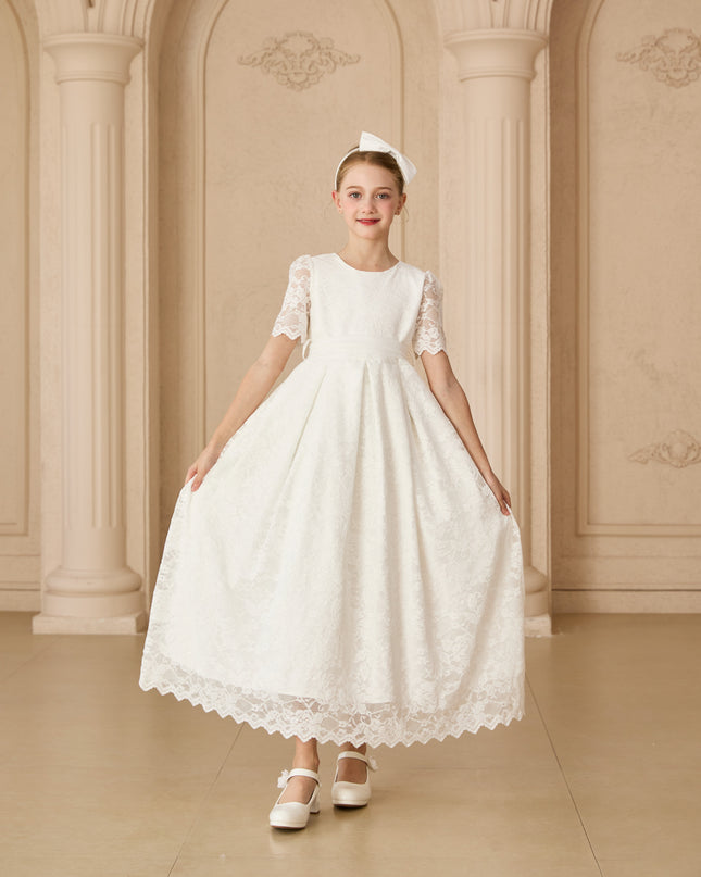 tulleen White Belciana Short Sleeve Lace Dress