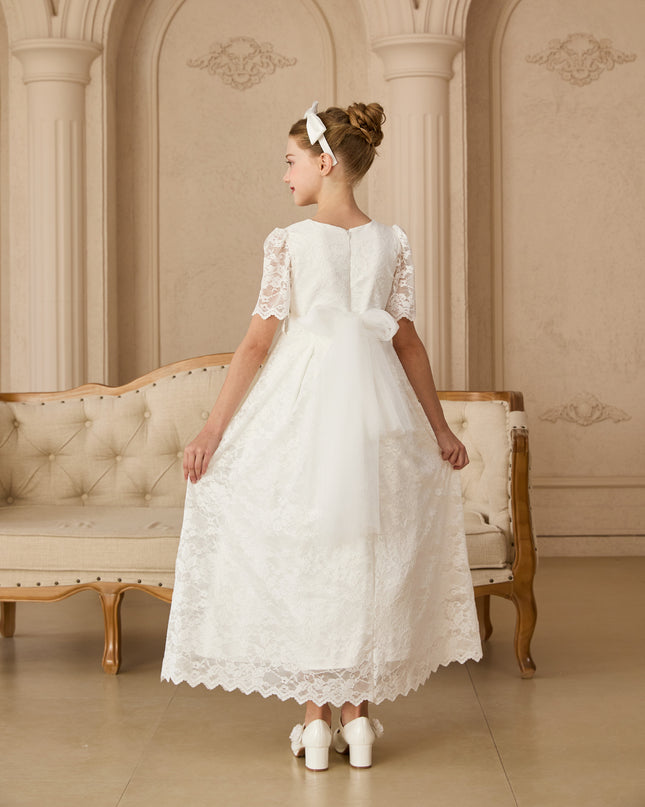 tulleen White Belciana Short Sleeve Lace Dress