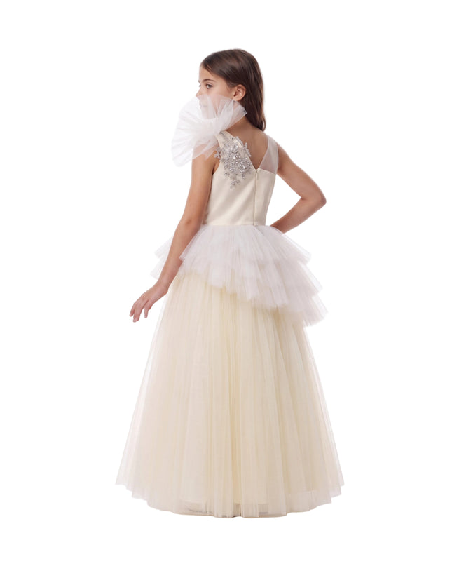 kids atelier tulleen Cream Mirabelle One-Shoulder Embellished Gown