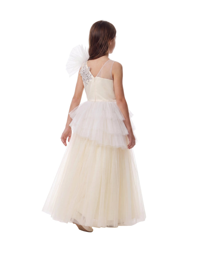 kids atelier tulleen Cream Mirabelle One-Shoulder Embellished Gown
