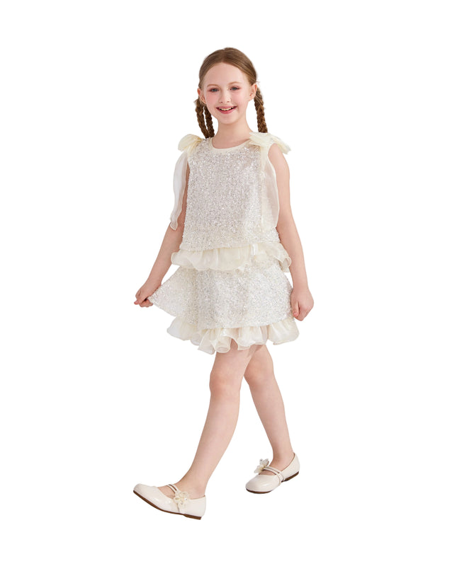 kids atelier tulleen Ivory Althea Glitter Ruffle Skirt Set