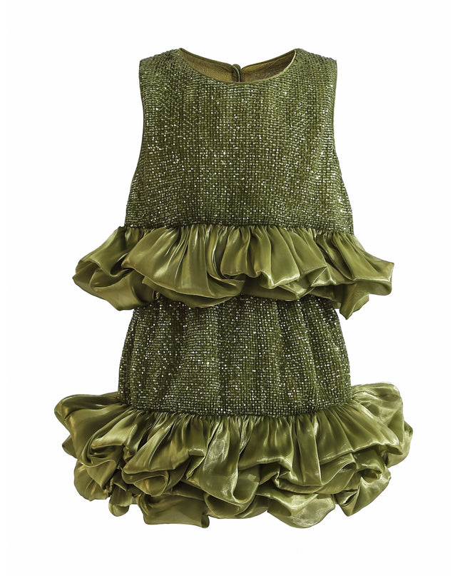 kids atelier tulleen Green Evadelle Satin Ruffle Skirt Set