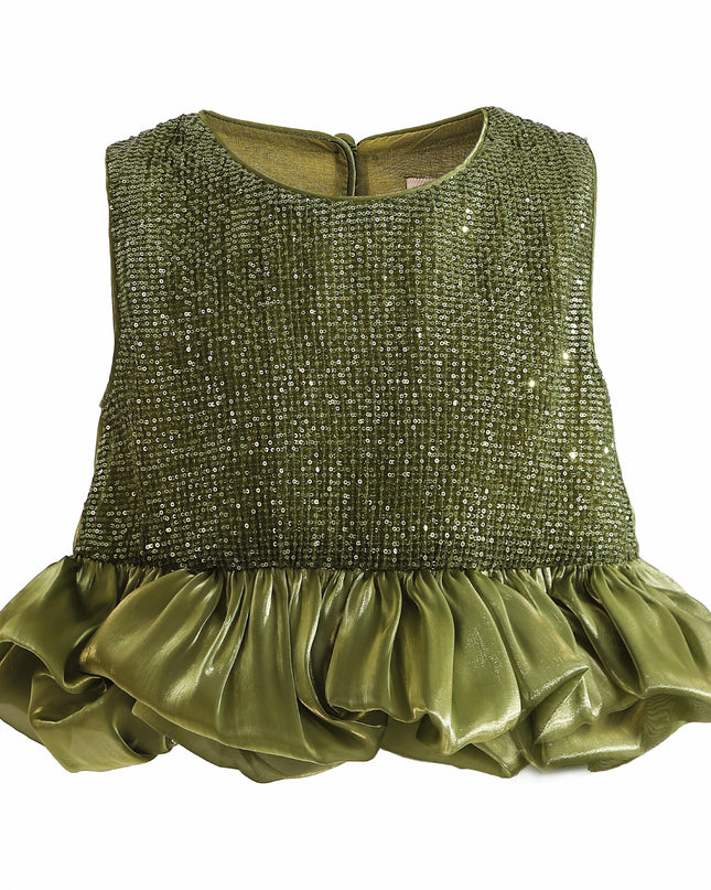 kids atelier tulleen Green Evadelle Satin Ruffle Skirt Set
