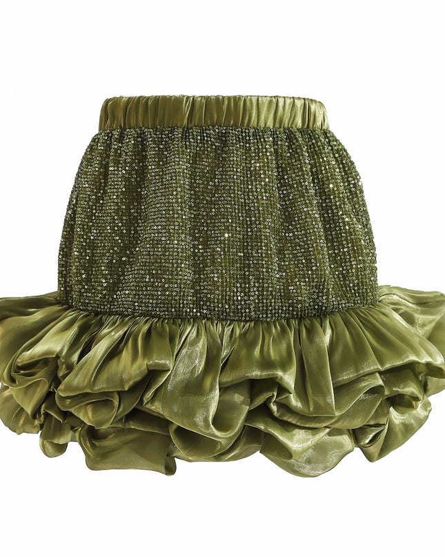 kids atelier tulleen Green Evadelle Satin Ruffle Skirt Set