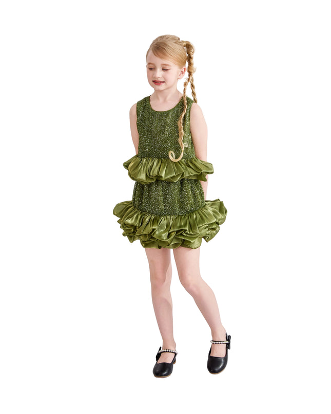kids atelier tulleen Green Evadelle Satin Ruffle Skirt Set