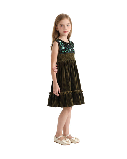 kids atelier tulleen Green Damaris Velvet Embroidered Dress