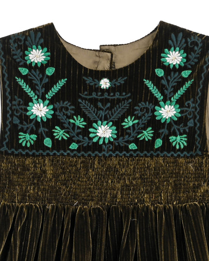 kids atelier tulleen Green Damaris Velvet Embroidered Dress