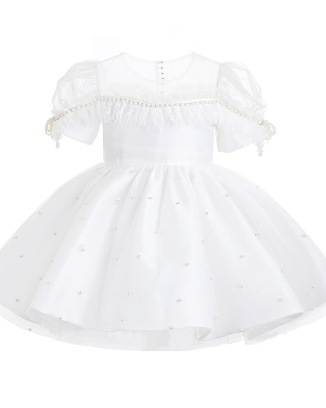 kids atelier tulleen White Valencia Pearl Trim Dress