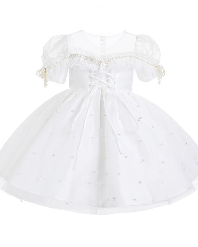 kids atelier tulleen White Valencia Pearl Trim Dress