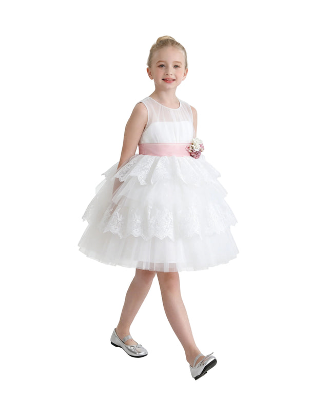 kids atelier tulleen White Divinia Lace & Pink Sash Dress