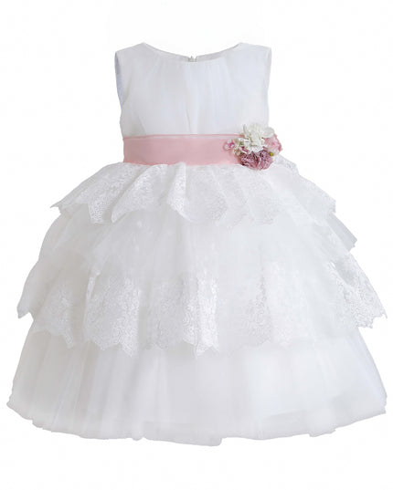 kids atelier tulleen White Divinia Lace & Pink Sash Dress