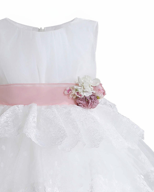 kids atelier tulleen White Divinia Lace & Pink Sash Dress