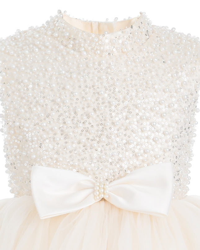 kids atelier tulleen Cream Ariette Pearl Bow Tulle Dress