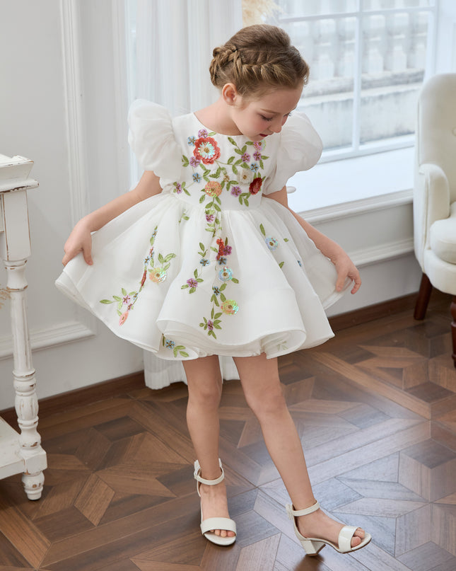kids atelier tulleen White Embroidered Puff Sleeve Dress