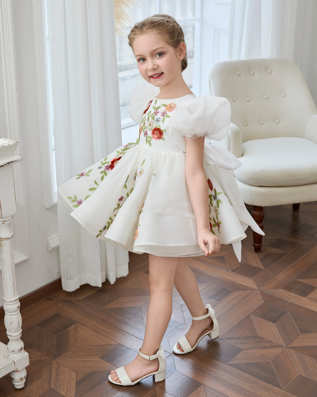 kids atelier tulleen White Embroidered Puff Sleeve Dress