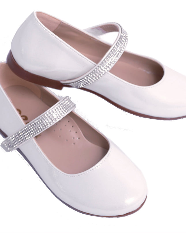 PERLA-V91B-SATIN WHITE-RHINESTONE STRAP FLATS