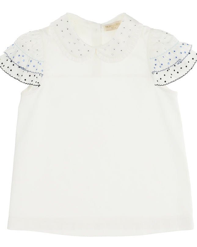 MONNALISA-797605R6-7004-0156-CREAM/BLUE-SATEEN SHIRT W/ RHINESTONES