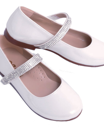 PERLA-V91B-SATIN WHITE-RHINESTONE STRAP FLATS
