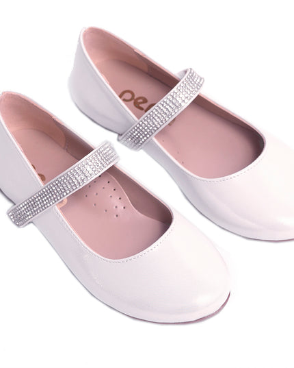 PERLA-V91B-SATIN WHITE-RHINESTONE STRAP FLATS