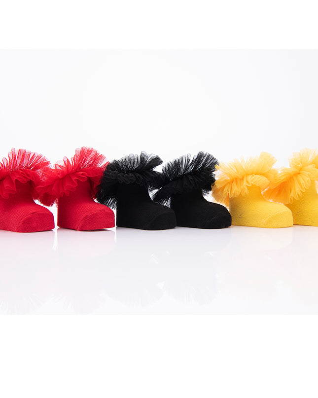 BANBLU-TULLE FRILL TRIM SOCK SET-15-01-0037-BLACK/MUSTARD/RED