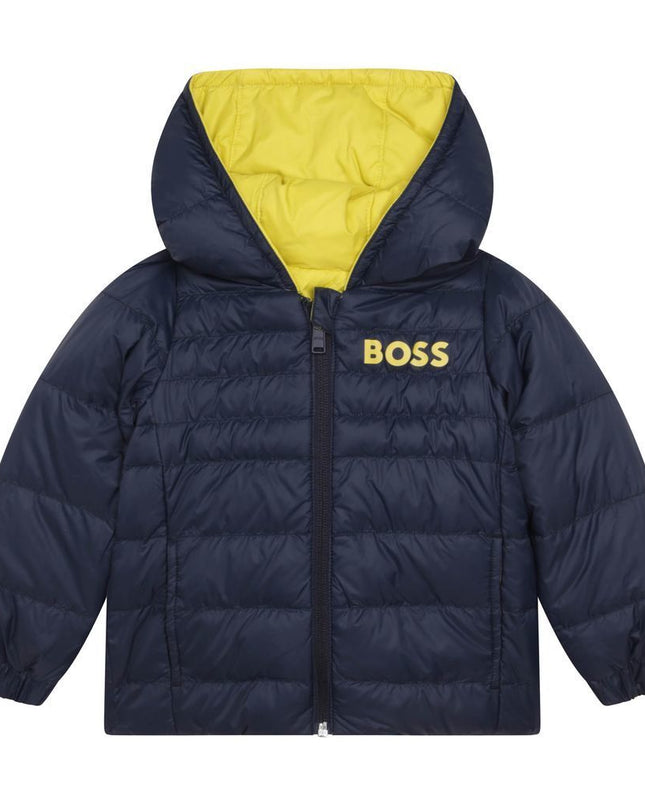 boss-Yellow & Navy Reversible Hooded Puffer Jacket-j06254-616