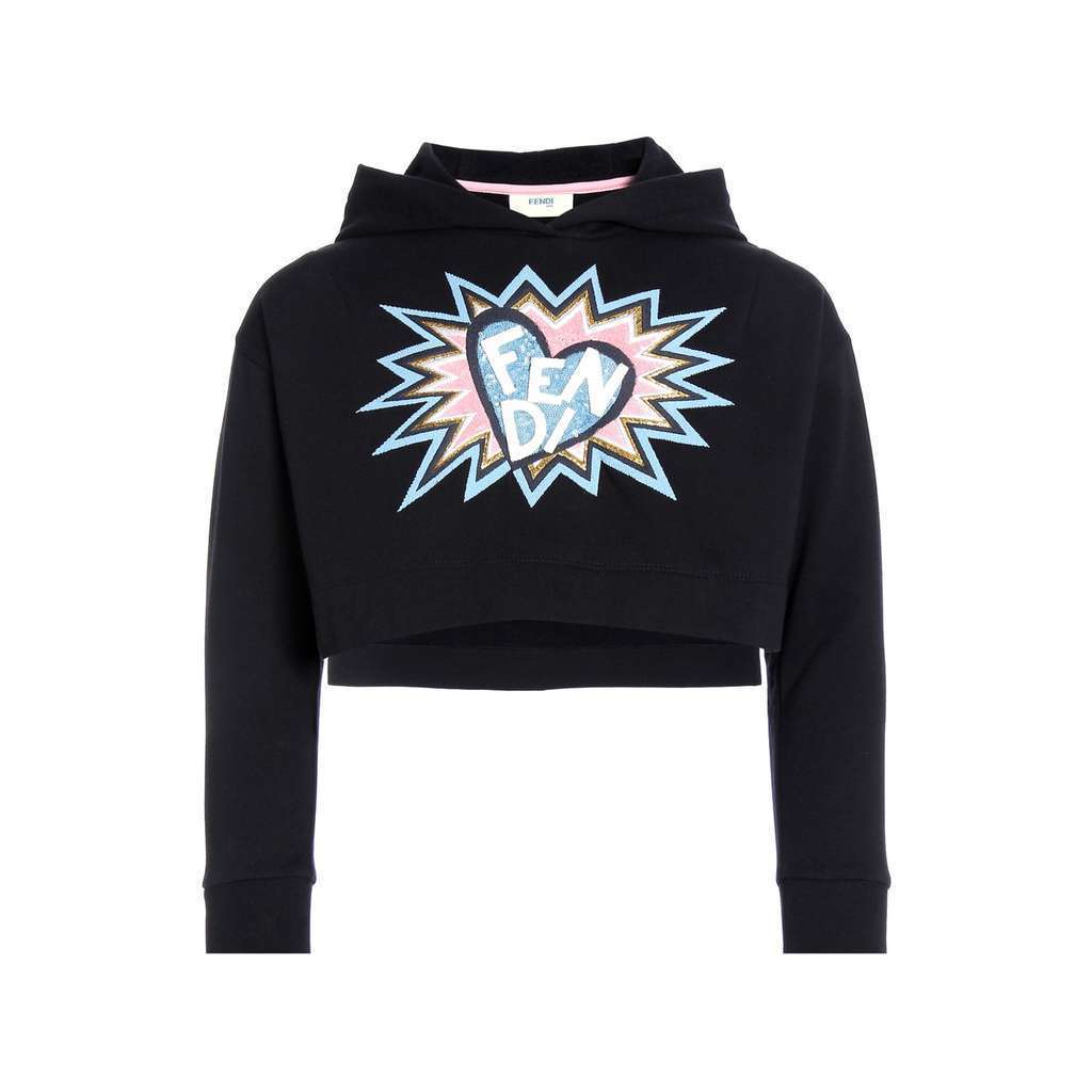 Fendi Black Logo Heart Cropped Hoodie-Sweaters-Fendi-kids atelier