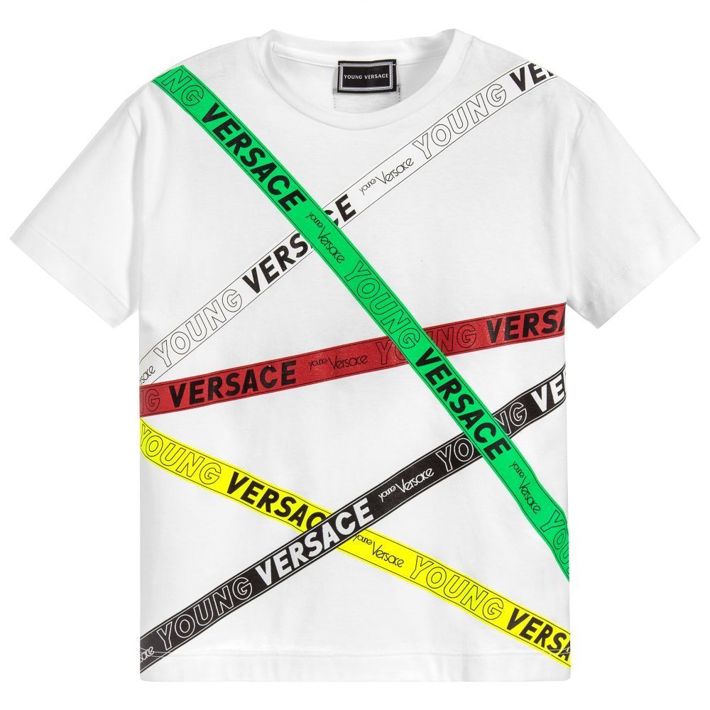 YOUNG VERSACE WHITE STRIPED LOGO GRAPHIC T-SHIRT-T-Shirt-Young Versace-kids atelier