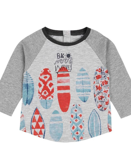  Deux Par Deux Light Grey Mix With Surfboards Printed Jersey Raglan Top-a30t72-191-