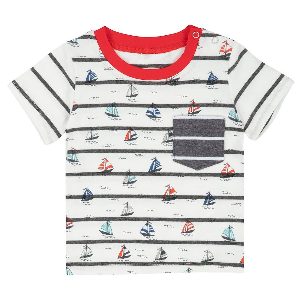 Deux Par Deux White & Charcoal Stripe Sailboat T-shirt And Short Set-a30t125-060-
