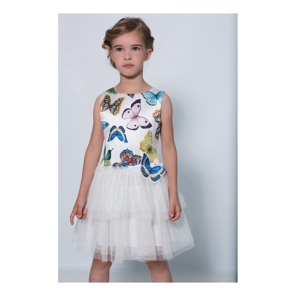 Charabia White Satin Butterfly Tulle Dress-ne57b-