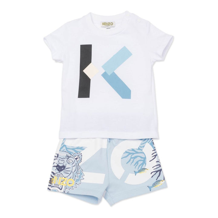 kenzo-White & Blue Logo T-Shirt & Short Set-k08004-773