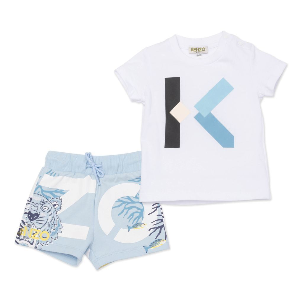 kenzo-White & Blue Logo T-Shirt & Short Set-k08004-773