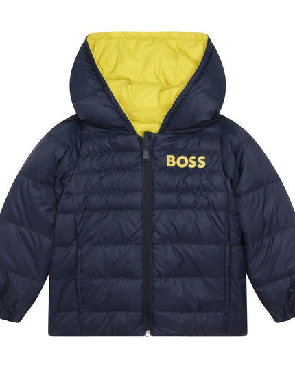 boss-Yellow & Navy Reversible Hooded Puffer Jacket-j06254-616