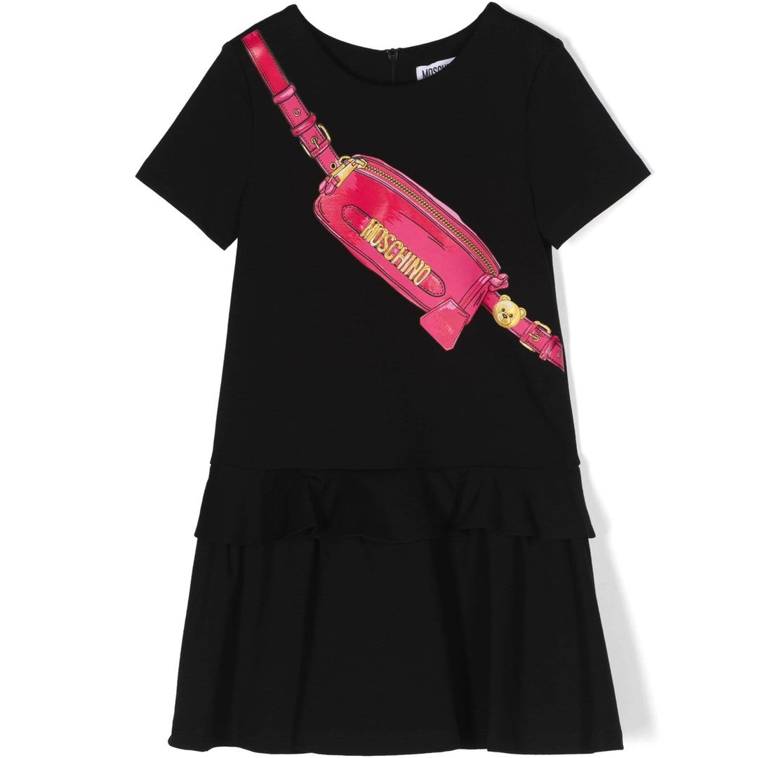 moschino-Black Dress with Belt Bag Print and Ruffle-hdv0di-lja00-60100