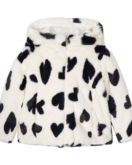 Kids Atelier-Mayoral-Ivory Faux Fur Heart Print Coat