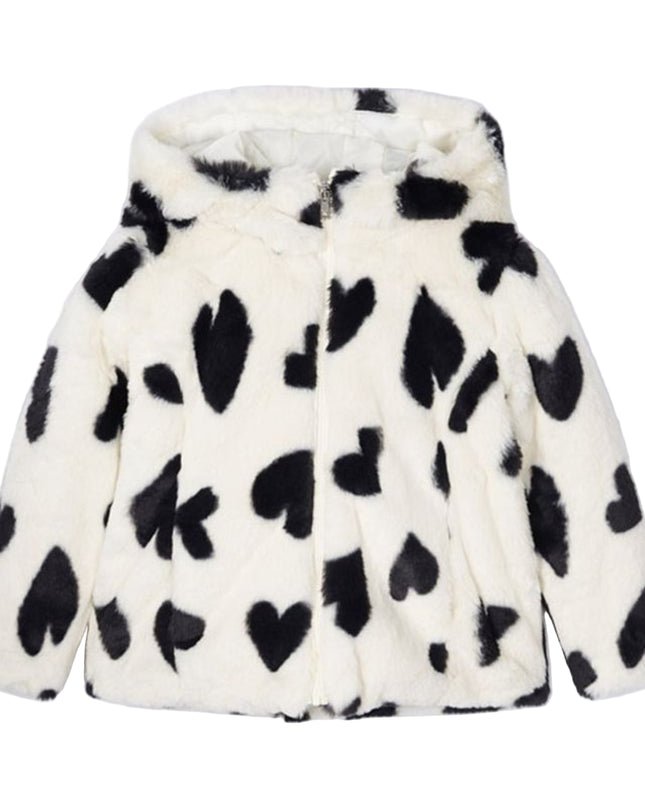 Kids Atelier-Mayoral-Ivory Faux Fur Heart Print Coat